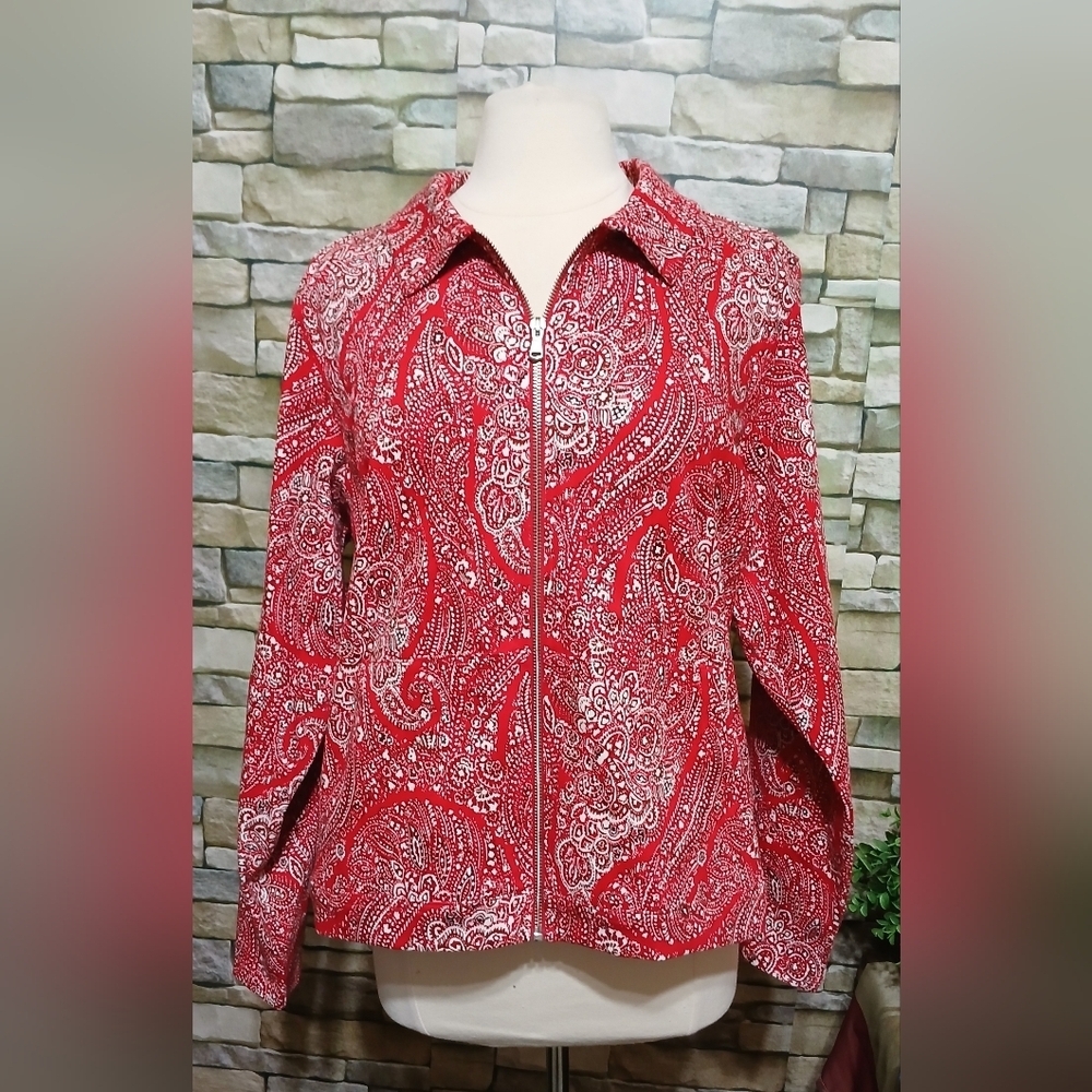 Womens Large Isaac Mizrahi Live! Red Paisley Bandana Print Trucker Jacket